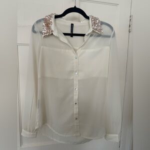 W118 x WALTER BAKER Women's Ivory White Blouse XS Long Sleeve Sequin Sparkle